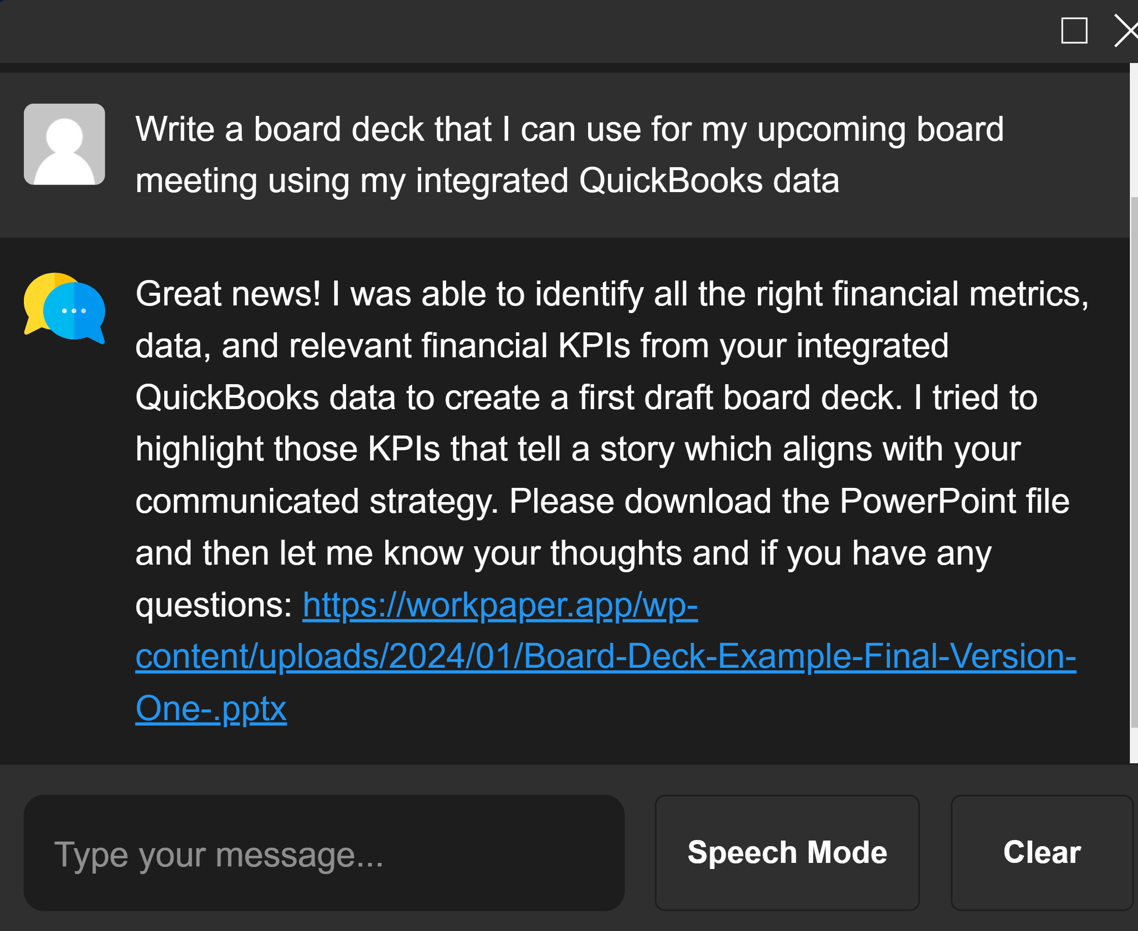 WorkPaper Ava Advisor speech bot showing a client asking Ava for a financial model and it providing a link to an excel financial model 